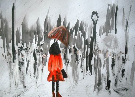 570x410 Girl In Red Raincoat Umbrella Fine Art Print Of Acrylic Painting - Raincoat Painting