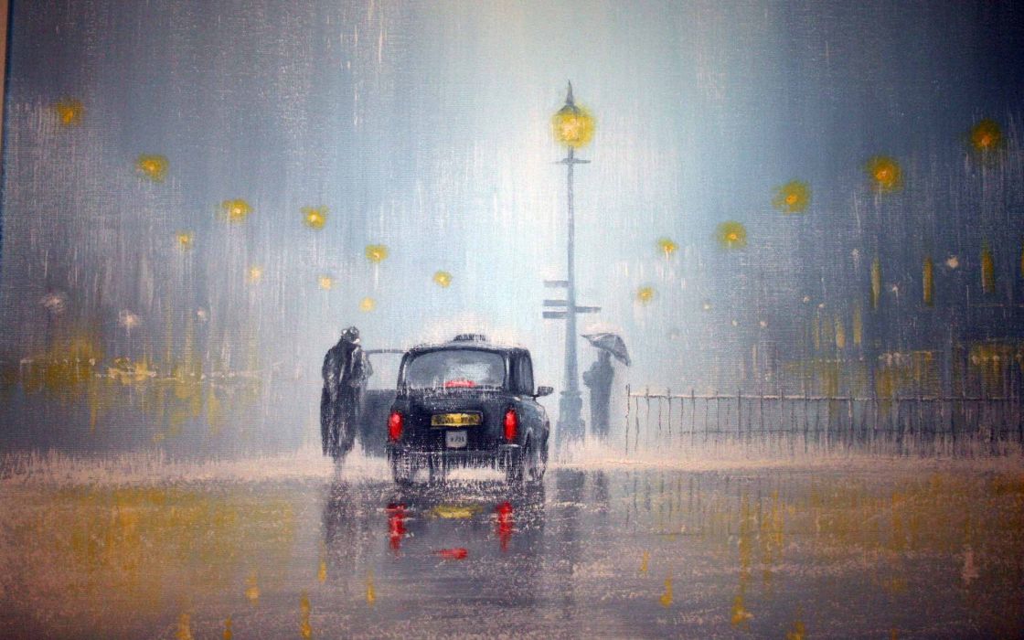 1120x700 Artistic Paintings London Storm Rain Rainfall Vehicles Cars - Rainfall Painting