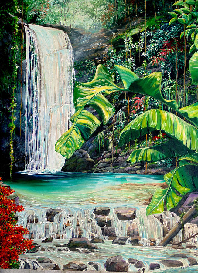 652x900 Rainforest Falls Trinidad Painting By Karin Dawn Kelshall Best - Rainforest Painting