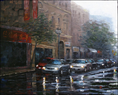 500x403 Catherine Jeffrey Painting In The Rain - Rainy City Painting