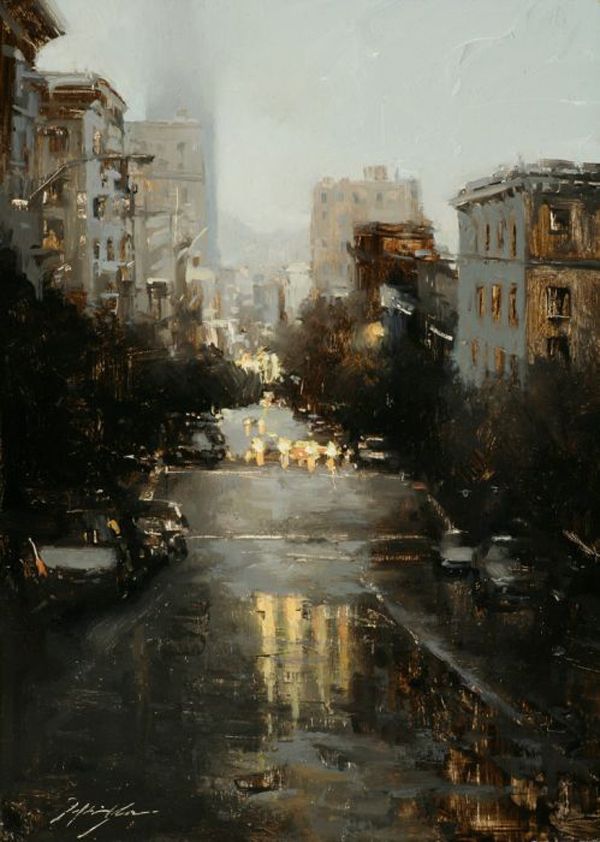 600x842 Impressionist Scene Of A Rainy City Street Crimsonampchartreuse - Rainy City Street Painting