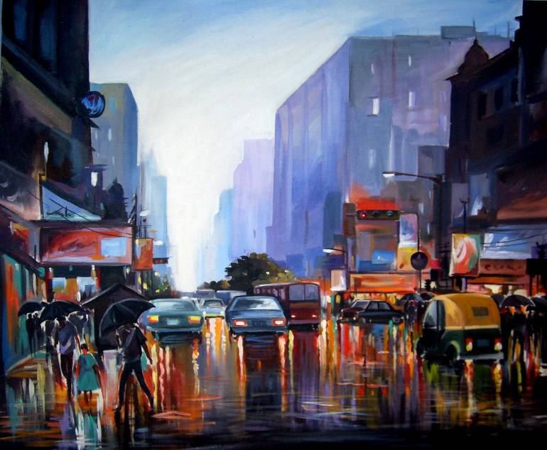 770x634 Saatchi Art City Street - Rainy City Street Painting