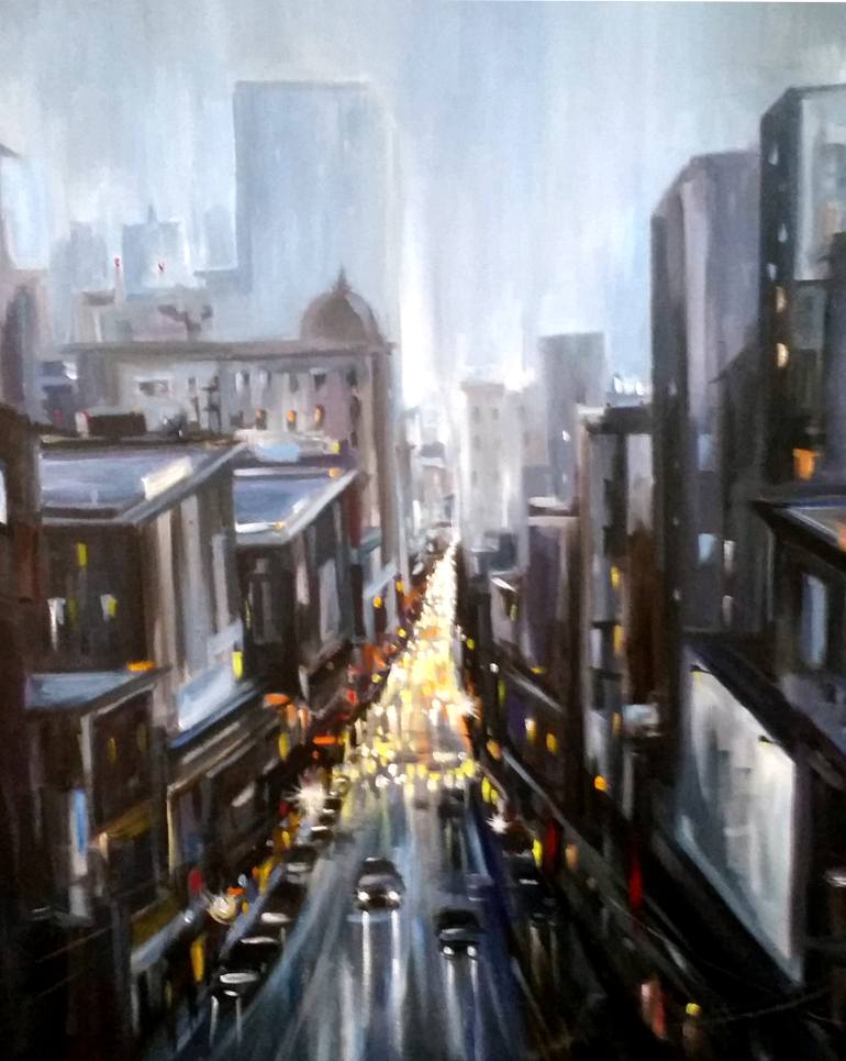 770x965 Saatchi Art Rainy City Street From Top View - Rainy City Street Painting