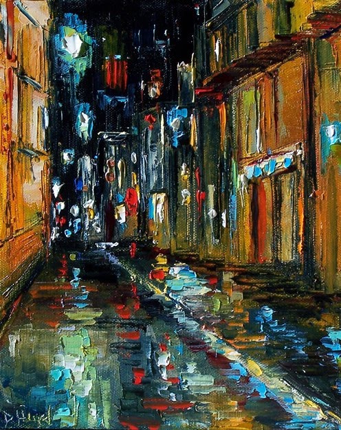 496x626 Street Scene Cityscape Rainy Night Painting By Debra Hurd By - Rainy City Street Painting