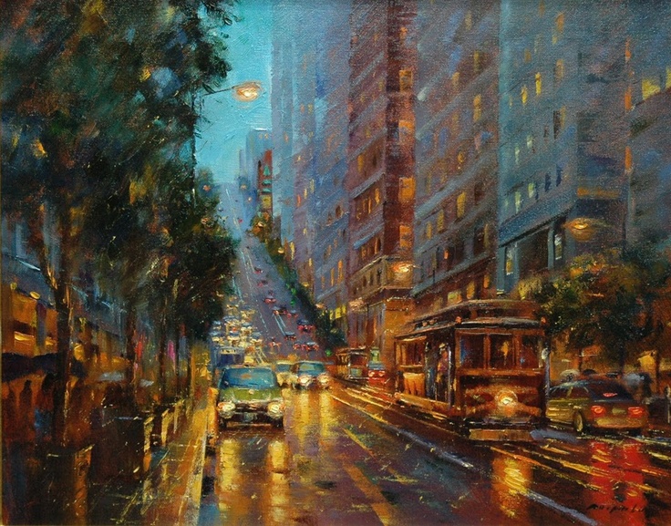 736x577 The 55 Best Art Amp Rain Images On Umbrellas, Rain Days - Rainy City Street Painting