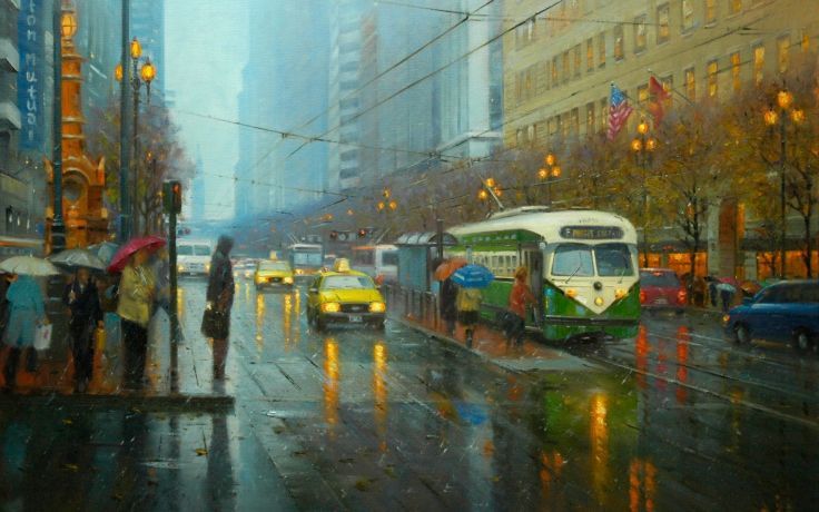 736x460 Painting Art Po Pin Lin Street City Rain Tram People Umbrellas - Rainy City Street Painting