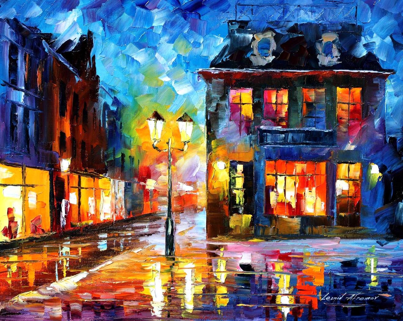 1320x1052 Corner Of The Street Palette Knife Oil Painting On Canvas By - Rainy City Street Painting