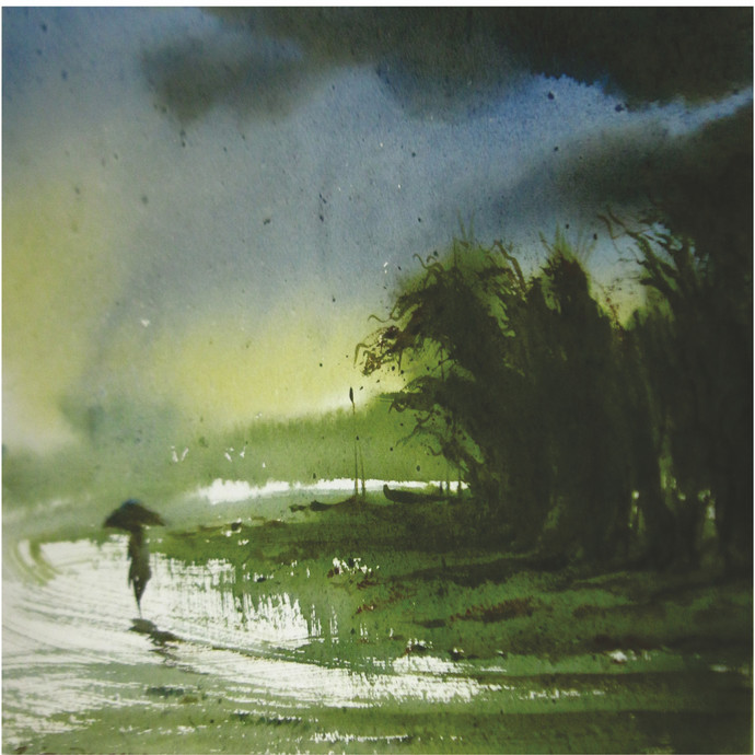 690x690 Rainy Day By Artist Rajendra Malakar Impressionism, Painting - Rainy Day Impressionist Painting