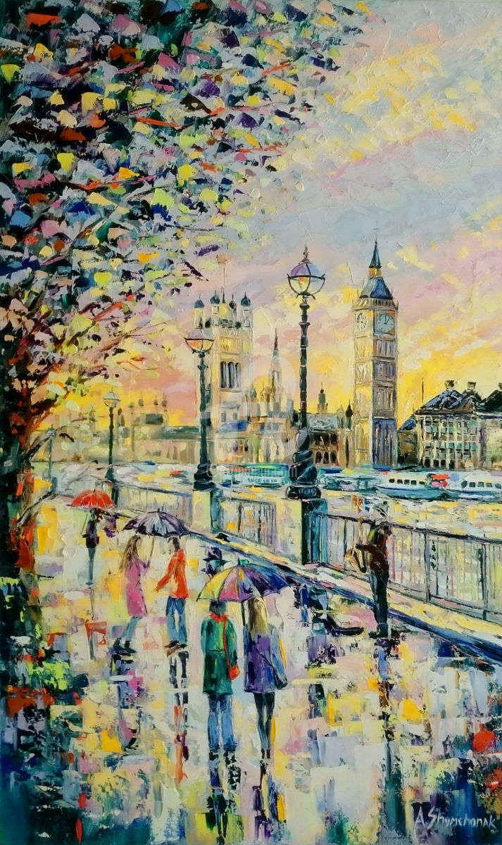 713x1200 Warm And Rainy Day In London (Alena Shymchonak) - Rainy Day Impressionist Painting
