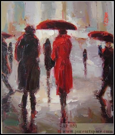399x468 Impressionist Painting, Rainy Day, People With Umbrellas - Rainy Day Impressionist Painting