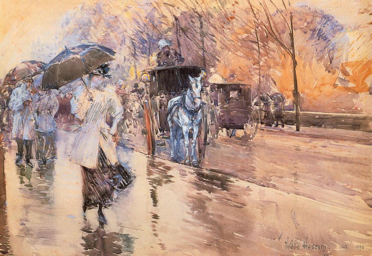 1280x883 Lonequixote Rainy Day On Fifth Avenue ~ Childe Hassam - Rainy Day Impressionist Painting