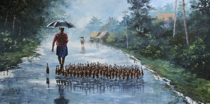 690x342 Rainy Day By Artist Sunil Linus De Impressionism, Painting - Rainy Day Impressionist Painting