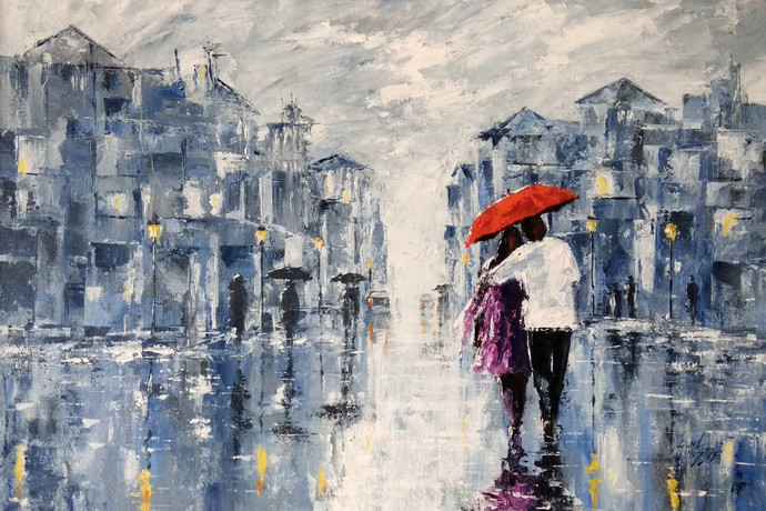 690x460 Couple In Rainy Day By Artist Sunil Linus De Impressionism - Rainy Day Impressionist Painting
