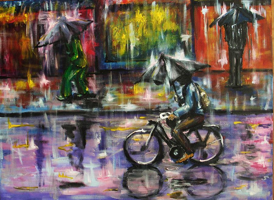 900x656 Rainy Day Original Painting Painting By Natalja Picugina - Rainy Day Painting