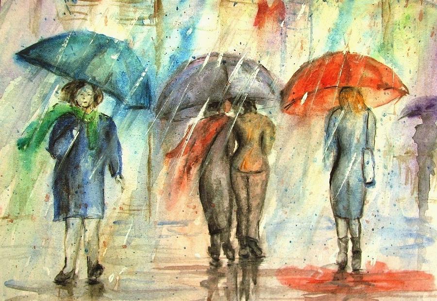 900x621 Rainy Day With Umbrellas Painting By Natalja Picugina - Rainy Day Painting