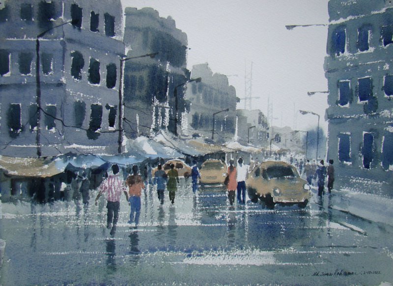 800x582 Rainy Day By Artist Jiaur Rahman Cityscape Art Watercolor - Rainy Day Painting