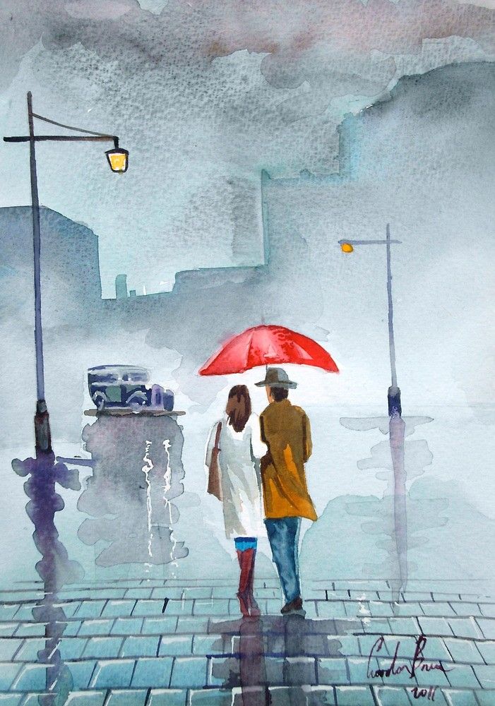 701x1000 Rainy Day Red Umbrella Watercolour Painting By Gordonbruce - Rainy Day Painting