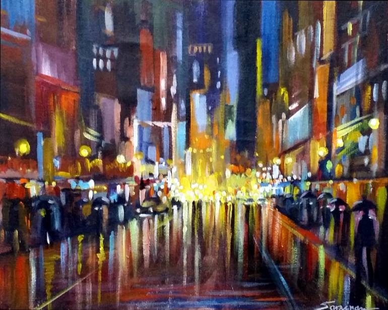 770x614 Saatchi Art City Rainy Night Painting By Samiran Sarkar - Rainy Night Painting