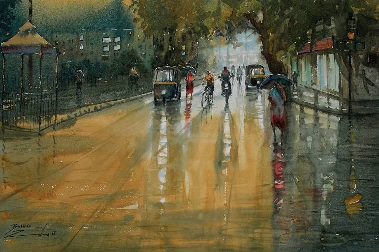 770x513 Saatchi Art Rainy Night 14 Painting By Bhavesh Zala - Rainy Night Painting