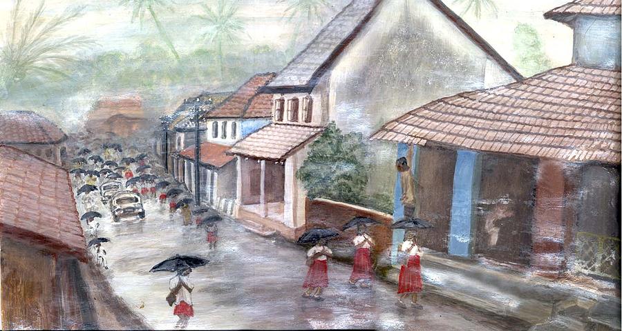 900x480 Indian Village In Rain Season Painting By Shiva Prasad - Rainy Season Painting