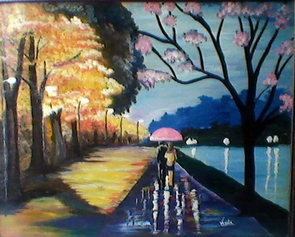 592x476 Rainy Evening Oil Painting By Vanika - Rainy Season Painting