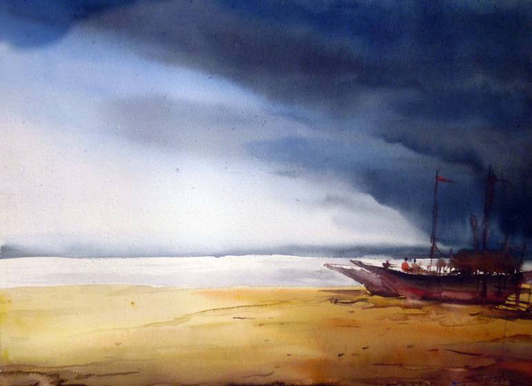 770x559 Saatchi Art Seashore - Rainy Sky Painting