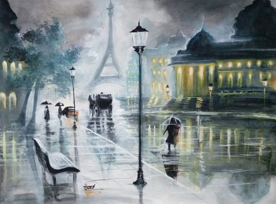 900x666 Rainy Street Painting By Artist Kiran S - Rainy Street Painting