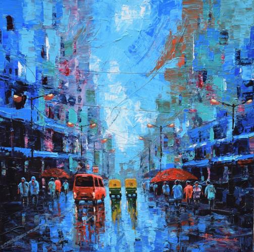503x500 Rainy Street By Artist Purnendu Mandal Cityscape Art Acrylic - Rainy Street Painting