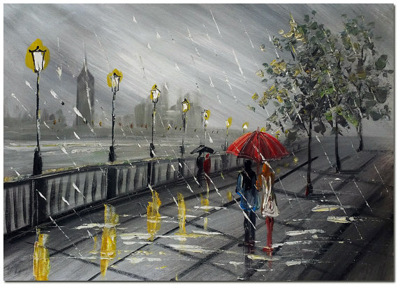570x408 Scene Of Rainy Street Signed Hand Painted Figurative - Rainy Street Painting