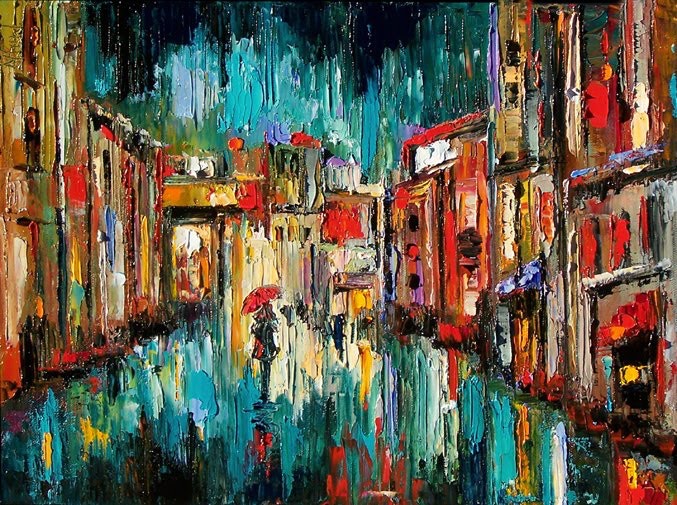 677x505 Cityscape Art Painting Umbrella Rainy Street By Debra Hurd By - Rainy Street Painting