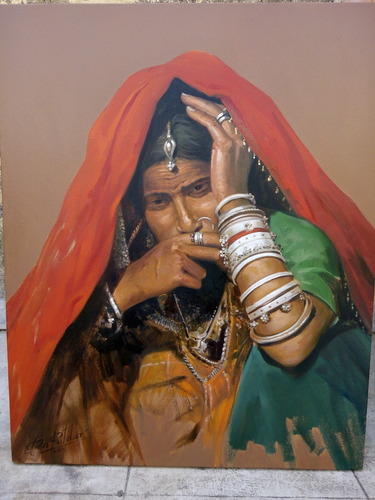 375x500 Rajasthani Lady Oil Painting, Rajasthani Paintings - Rajasthani Painting