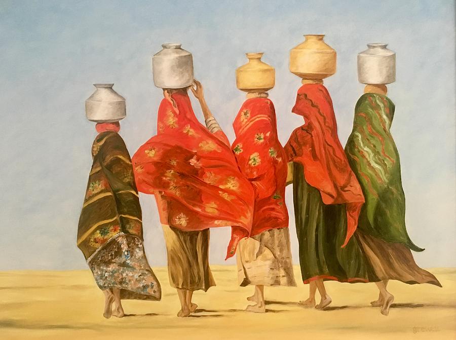 900x671 Rajasthani Village Girls Painting By Sukhpal Grewal - Rajasthani Painting