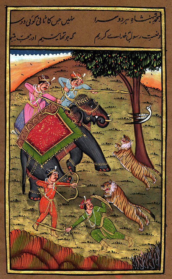 555x900 Rajput King Handmade Painting Drawing Hunting Tiger, Miniature - Rajput Painting