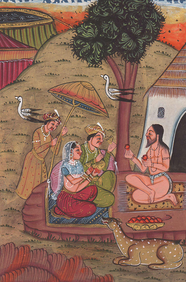 593x900 Rajput Royal King Vintage Art Miniature Forest Worship Monk Yogi - Rajput Painting
