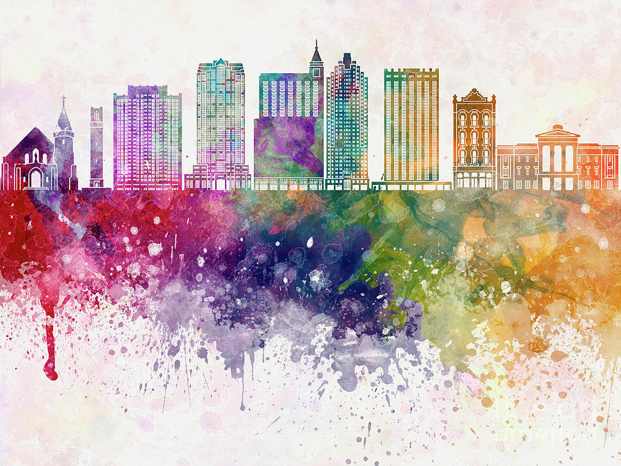 900x675 Raleigh V2 Skyline In Watercolor Background Painting By Pablo Romero - Raleigh Skyline Painting