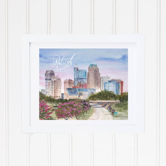 570x570 Watercolor Raleigh Skyline Print Raleigh Skyline Painting - Raleigh Skyline Painting