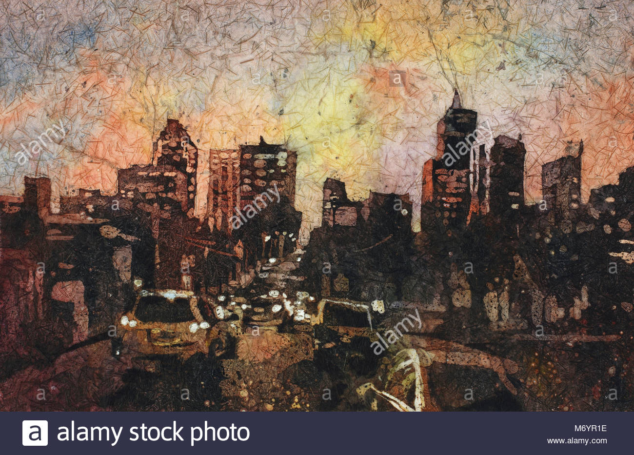 1300x933 Watercolor Batik Painting Of Downtown Raleigh, Nc Skyline As - Raleigh Skyline Painting