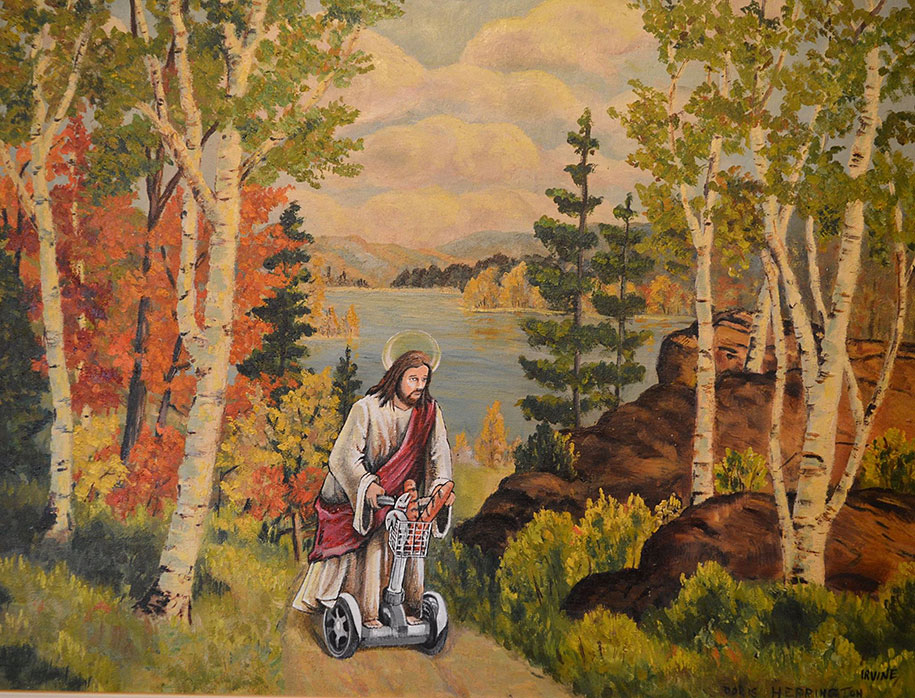 915x698 Artist Paints Random Character Into Old Thrift Store Paintings - Random Painting