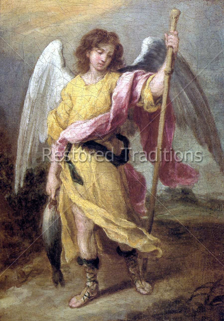900x1288 The Archangel Raphael Carrying A Fish By Artist Esteban Murillo Rf - Raphael Angel Painting