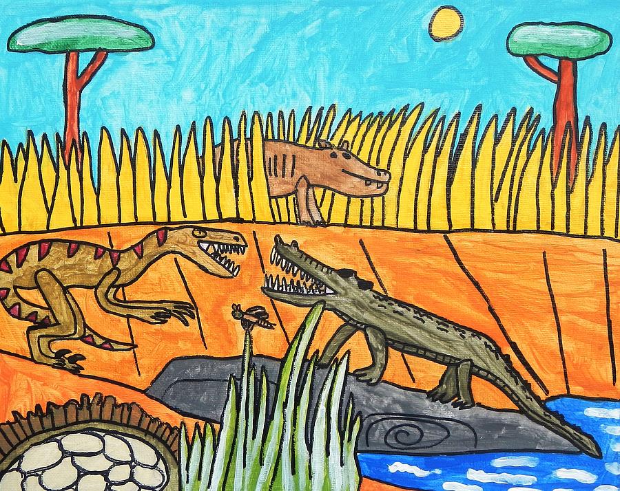 900x714 Raptor Vs Crocodile Painting By Artists With Autism Inc - Raptor Painting