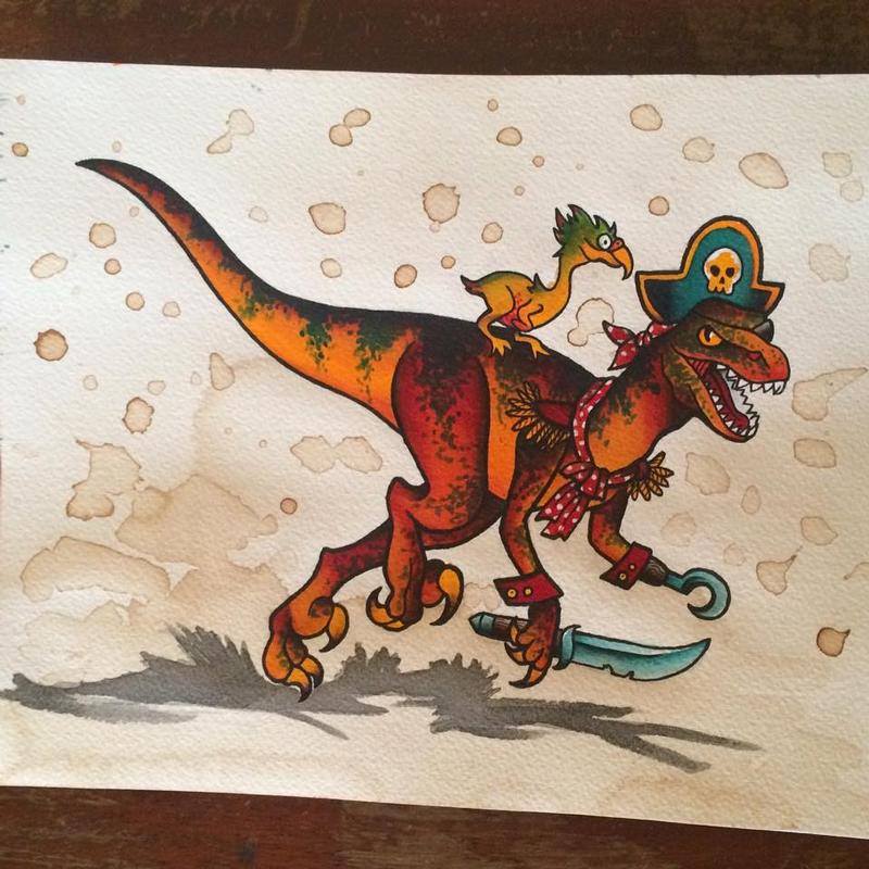 800x800 Traditional Pirate Raptor Tattoo Flash Painting By Sara Eve - Raptor Painting