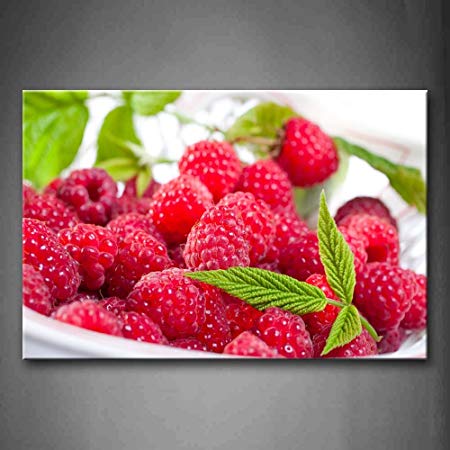 450x450 Red Raspberry With Green Leaf In Plate Wall Art Painting - Raspberry Painting