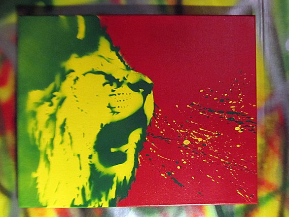 570x428 Rasta Lion Splatter Spray Paint Stencil Art On Canvas - Rasta Lion Painting