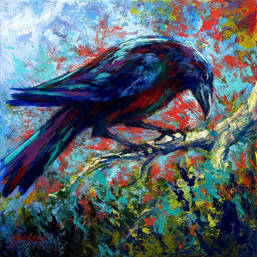 900x898 Lone Raven Painting By Marion Rose - Raven Acrylic Painting