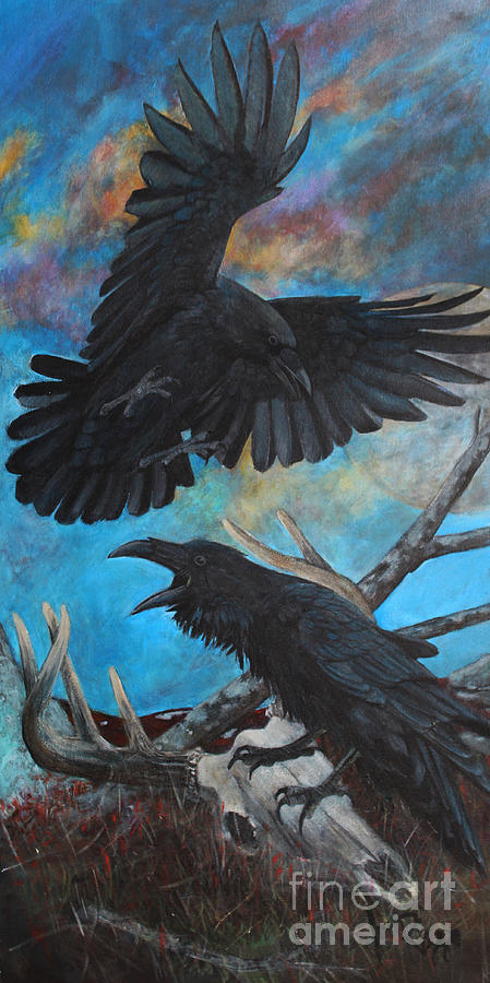449x900 Ravens On The Barrens Painting By Joseph Rizzo - Raven Acrylic Painting