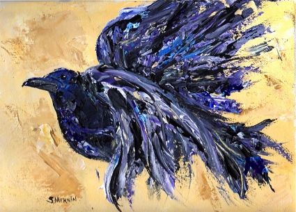 425x305 Original Bird Paintings Raven In Flight Painting By Montana - Raven Bird Painting