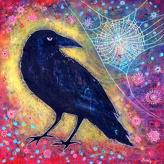 642x643 Whimsical Raven Painting Titled Mr. Raven, Meet Miss Web - Raven Bird Painting