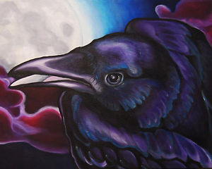 300x240 8x10 Raven Amp Moon Bird Signed Crow Art Print Of Original Oil - Raven Bird Painting