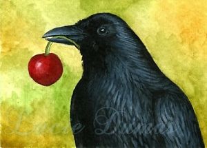 300x215 Aceo Art Print Bird 55 Crow Raven Cherry From Original Painting By - Raven Bird Painting