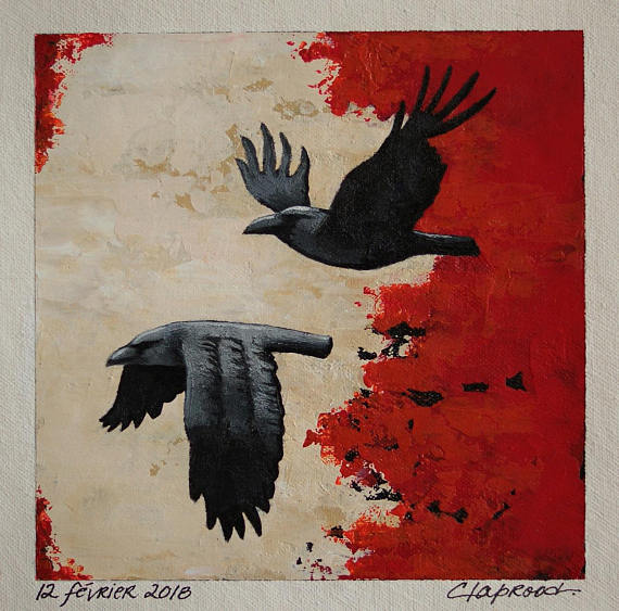 570x563 Raven Painting Couple Of Black Birds 2 Crows Flying Small - Raven Painting